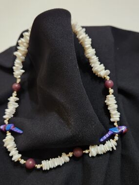 Puka Shell Bead Necklace with Purple & Bird Accent Beads